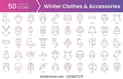 Set of winter clothes and accessories icons. Gradient style icon bundle. Vector Illustration