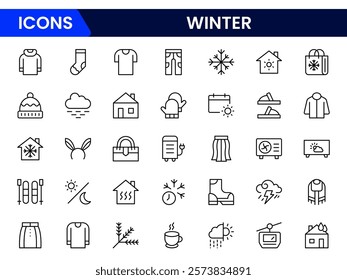 Set of winter clothes and accessories icons. Thin linear style icons Pack. Vector Illustration