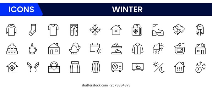 Set of winter clothes and accessories icons. Thin linear style icons Pack. Vector Illustration