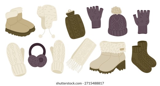 Conjunto de ropa de invierno y accesorios que incluyen botas, guantes, sombrero, bufanda y orejeras. Concepto de elementos esenciales de Clima frío, armario acogedor y confort estacional