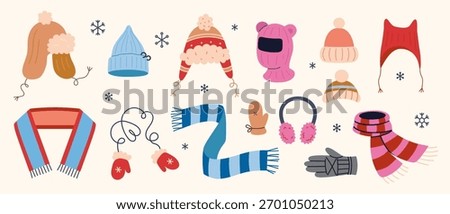 Set of winter clothes and accessories such as hats, scarves, gloves, and earmuffs. Warm outfit and cold season concept. Trendy modern vector isolated illustration, hand drawn, flat design
