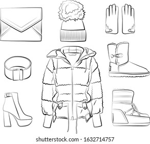Set of winter clothes and accessories vector isolated on white background. Black and white colors. Hat, scarf, shoes, sunglasses, bags, clutch, fur coat, jacket, boots. autumn and spring woman clothes