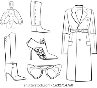 Set of winter clothes and accessories vector isolated on white background. Black and white colors. Hat, scarf, shoes, sunglasses, bags, clutch, fur coat, jacket, boots. autumn and spring woman clothes