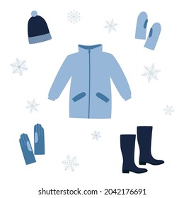 Set of winter clothes. Blue winter coat, hat, boots, mittens and gloves. Warm clothes elements. Doodle style. Isolated vector illustration. 