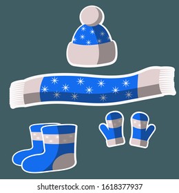 set winter clothes cartoon style sticker vector hat scarf boots mittens