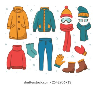 Set of Winter clothes and cold weather accessories. Vector colorful collection of hats, scarves, mittens, socks, coats, shoes, ski glasses