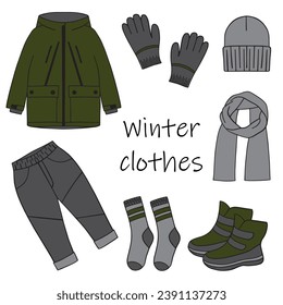 Set Winterkleidung im Doodle-Stil. Eine Kollektion handgezeichneter Skizzen mit Stiefeln, Socken, Handschuhen, Schal, Jacke und Hut. Vektorgrafik
