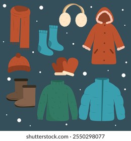 Set of winter clothes elements, winter clothes cartoon collection 