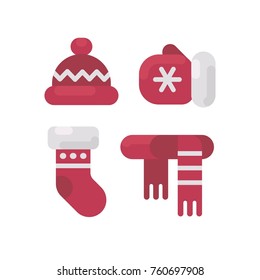 Set of winter clothes flat illustration. Hat, mitten, stocking and scarf. Christmas flat icons