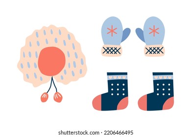 Set von Winterkleidung Pelzhut, Fäustern und Stiefel. Vektorgrafik