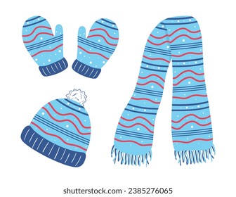 Set of winter clothes. Winter gloves, scarf and hat or headwear in flat style isolated on white. Collection of cozy winter knitted clothes, headdress, scarf, mitten, glove. Vector illustration