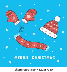 set of winter clothes. Hat, mittens, gloves, scarf. Background for your design. greeting card. Merry Christmas