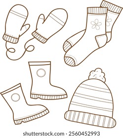 Set of winter clothes icons. Vector illustration. Traditional winter symbols: warm clothes, socks, hat, mittens, boots. Drawn vector isolated on white. Comfortable lifestyle. Winter mood.