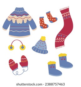 Set of Winter Clothes isolated on white Background, warm sweater, socks, hat, mittens, scarfs, and boots. Winter Clothes Vector Illustration in flat style