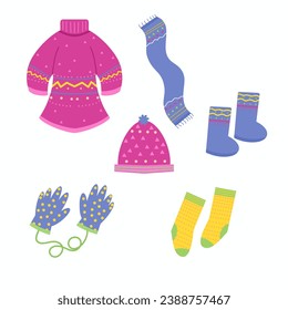 Set of Winter Clothes isolated on white Background, warm sweater, socks, hat, mittens, scarfs, and boots. Winter Clothes Vector Illustration in flat style