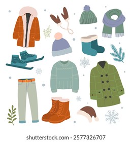  set of winter clothes isolated on white in flat stile Vector illustration