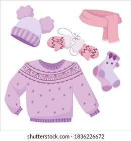 conjunto de prendas de vestir de invierno de color pastel con motivos, ropa de invierno cálida de dibujos animados, prendas de punto, pañuelos o chales, mitones, sudadoras y sombreros ilustraciones vectoriales aisladas en un whi