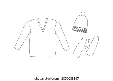 Ropa de invierno. Suéter, sombrero y mitones de lino de arte. Estilo Doodle. Ilustración vectorial aislada