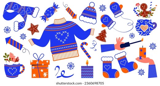 Set of winter clothes. New Year's clothing, drinks, holiday decorations and other elements. Vector illustration in flat style.