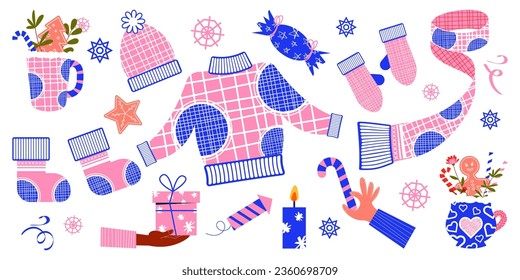 Set of winter clothes. New Year's clothing, drinks, holiday decorations and other elements. Vector illustration in flat style.