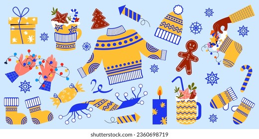 Set of winter clothes. New Year's clothing, drinks, holiday decorations and other elements. Vector illustration in flat style.
