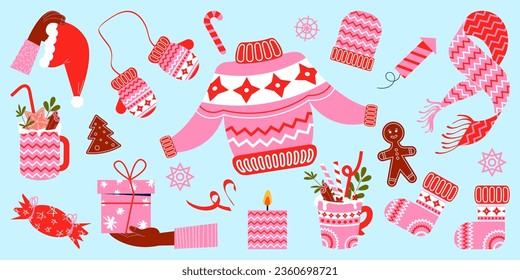 Set of winter clothes. New Year's clothing, drinks, holiday decorations and other elements. Vector illustration in flat style.