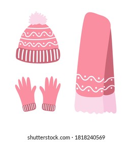 Set of winter clothes on white isolated background. Doodle woolen hat, scarf, gloves with simple wavy patterns. Suitable for banner, poster, card.