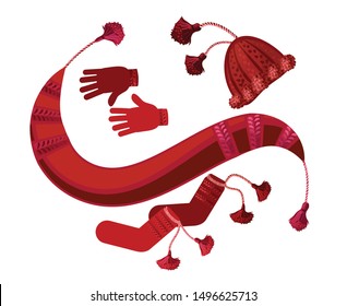 A set of winter clothes, in one style. Hat, scarf, socks, mittens, gloves.
 Warm clothes, for winter, spring, autumn. clothing store. Hand brush. vector graphics .Isolated image.