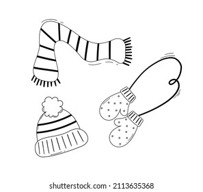A set of winter clothes, a scarf, a hat, mittens. Vector illustration with items of clothing for cold weather 