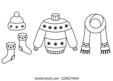 Set of winter clothes. Sketch. Collection of vector illustrations. Doodle style. Sweater, hat, woolen socks and scarf. Knitted Christmas things are decorated with snowflakes. Coloring book 