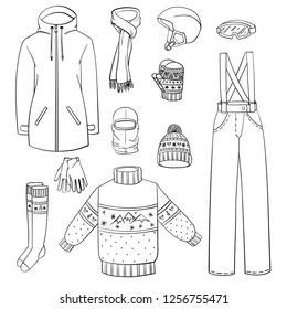 set of winter clothes for snowboarding. Vector outline illustration drawings on a white background