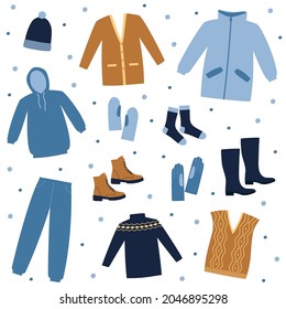 Set of winter clothes. Sweater, boots, socks, waistcoat,  cardigan, coat, hat, trousers and hoody. Doodle style. Isolated vector illustration 