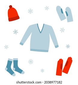 Set of winter clothes. Sweater, gloves, hat and socks. Doodle style. Flat design. Isolated vector illustration 