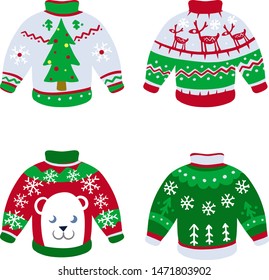 Set of winter clothes. Sweater with pattern - white bear, deer, Christmas tree in red and green colors. Warm soft object with snowflakes. New year celebration. Cartoon flat illustration