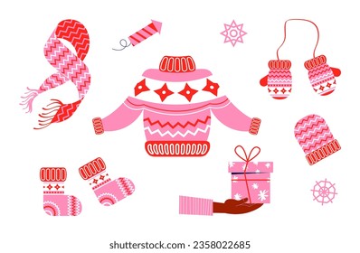 Set of winter clothes. Sweater, socks, scarf and gloves. Vector illustration of winter clothes elements in flat style.