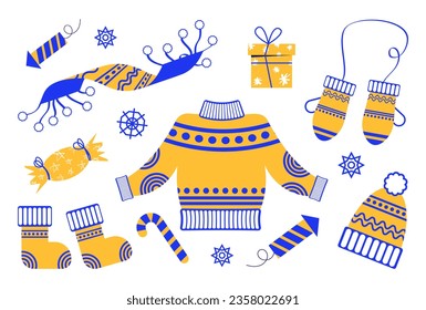 Set of winter clothes. Sweater, socks, scarf and gloves. Vector illustration of winter clothes elements in flat style.