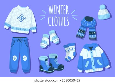 Conjunto de roupas de inverno Ilustração Vetor. Um conjunto acolhedor de roupas de inverno em um estilo de desenho animado simples. Inclui um suéter, calças, botas, jaqueta, mitenes, cachecol, chapéu e meias. Perfeito para projetos de inverno.