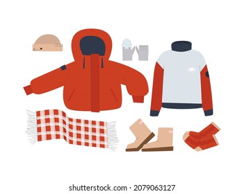 Set of winter clothes. Warm jacket, short boots and sweater. Flat vector on white background.