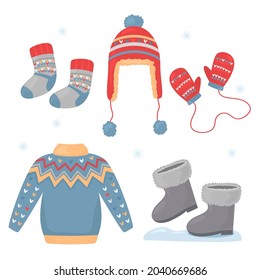 a set of winter clothes, a woolen sweater, warm socks, boots with fur, knitted mittens and a funny hat with a pompom. vector illustration isolated on white background