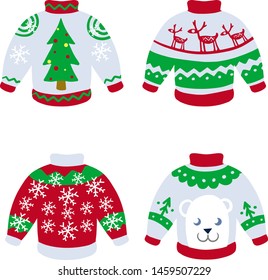 Set of winter clothes-sweater. Jacket with a pattern - white bear, deer, Christmas tree in red and green colors. Warm soft robe with snowflakes. New year celebration