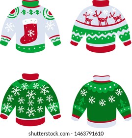 Set of winter clothes-sweater. Jacket with pattern - deer, Christmas tree in red and green colors. Warm soft robe with snowflakes. New year celebration