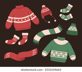 Set of winter clothing elements on a dark background. Sweater, hat, scarf, socks. Flat vector illustration.
