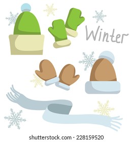 Set of winter clothing. Hat , mittens and scarf. Vector illustration