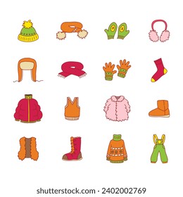 Juego de iconos de ropa de invierno. Ilustraciones de dibujos animados aislados en un fondo blanco. Escarabajos, sombreros, mitones, abrigos, chaquetas, botas, etc. Vector 10 EPS.