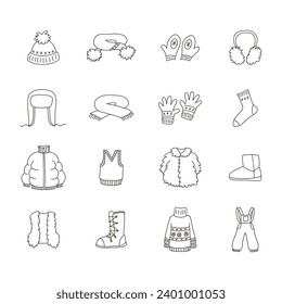 Juego de iconos de ropa de invierno. Ilustraciones vectoriales de ropa cálida aisladas en un fondo blanco. Escarabajos, sombreros, mitones, abrigos, chaquetas, botas, etc. 