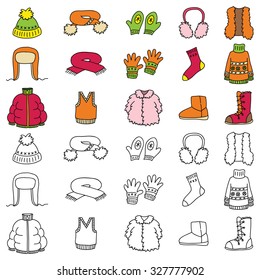 Set of winter clothing icons. Vector doodle illustration.