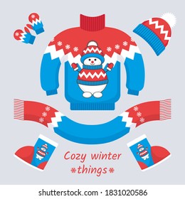 A set of winter clothing items: sweater, ugg boots, hat, scarf, mittens, decorated with a print with a snowman and geometric patterns.