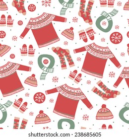 Set of winter clothing. Vector illustration. Seamless pattern