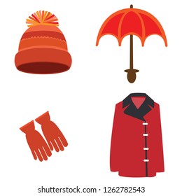 Set of winter coat, gloves, umbrella and hat