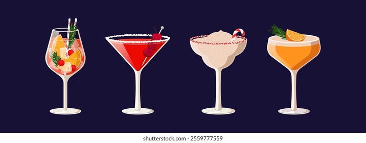 Set of winter cocktails. Vector illustration of festive drinks in different types of glasses. Banner with alcohol drinks like spritz and manhattan